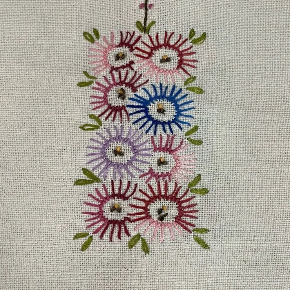 VINTAGE Hand Embroidered Linen Floral Table Runner 18 1/4” W X 39” L